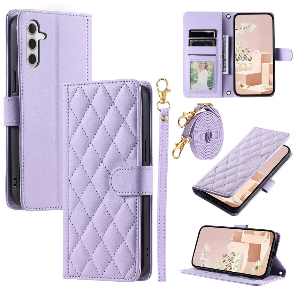For Samsung Galaxy A24 4G (162.1 x 77.6 x 8.3mm) Case Wallet Leather Cover with Shoulder Strap - Purple - 1
