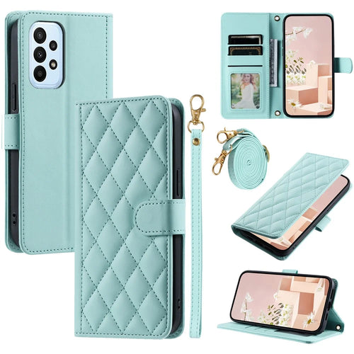 For Samsung Galaxy A53 5G Leather Case Wallet Card Slots Phone Cover with Shoulder Strap - Mint Green - 1
