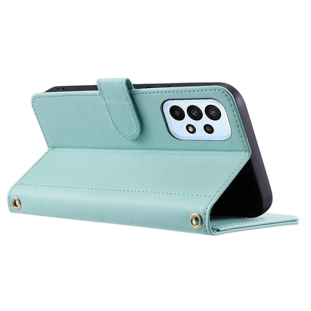 For Samsung Galaxy A53 5G Leather Case Wallet Card Slots Phone Cover with Shoulder Strap - Mint Green - 3