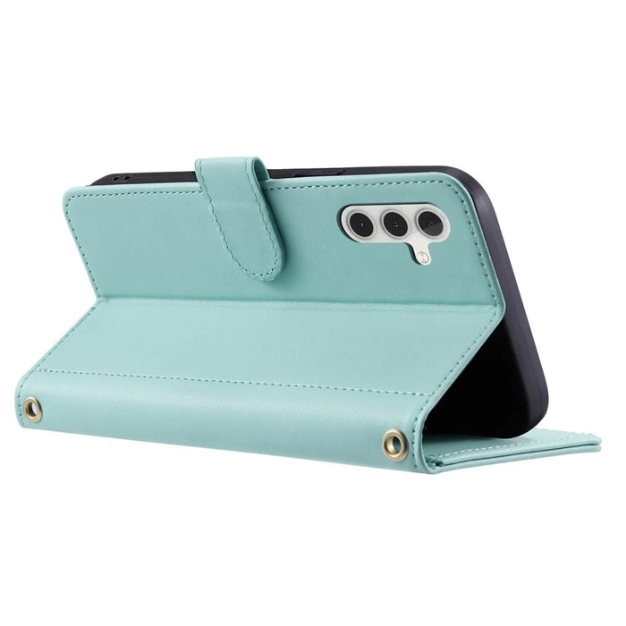 For Samsung Galaxy A54 5G Leather Case with Straps Wallet Rhombus Grid Phone Cover - Mint Green - 3