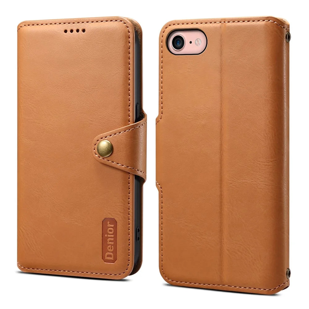 DENIOR For iPhone 7 / 8 / SE (2020) / SE (2022) Case PU Leather Wallet Card Slot Phone Cover - Khaki - 1