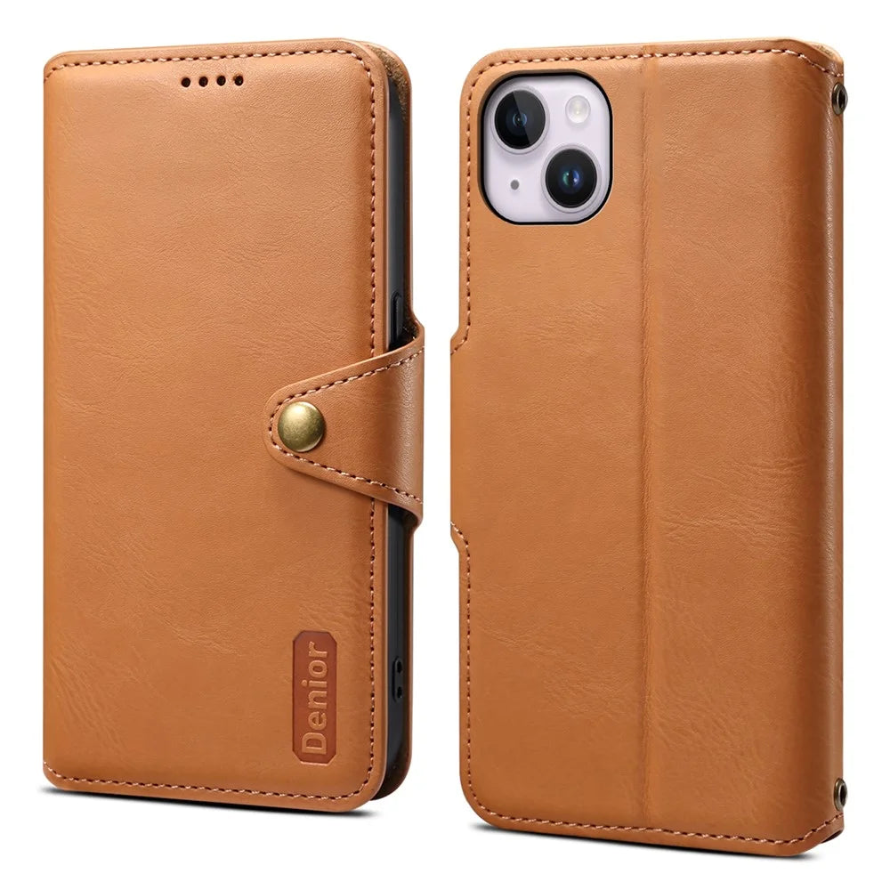 DENIOR For iPhone 15 Plus Leather Case Wallet Phone Cover Cowhide Texture - Khaki - 1