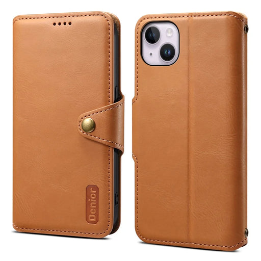 DENIOR For iPhone 15 Plus Leather Case Wallet Phone Cover Cowhide Texture - Khaki - 1