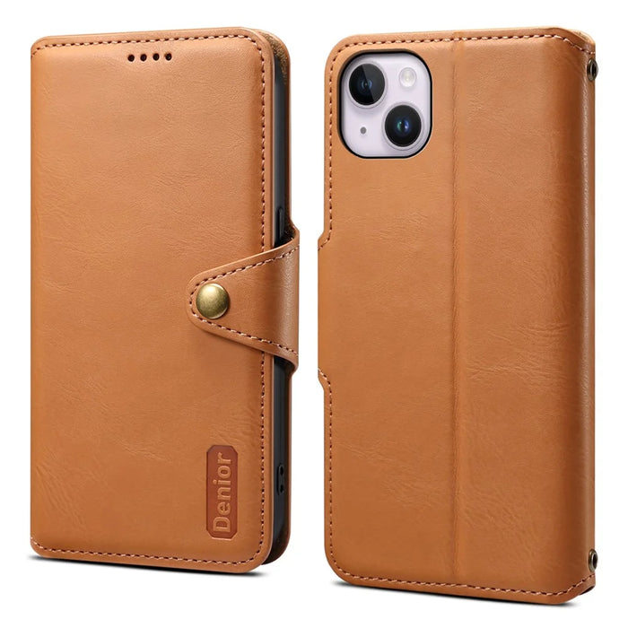DENIOR For iPhone 15 Plus Leather Case Wallet Phone Cover Cowhide Texture - Khaki - 1