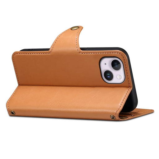 DENIOR For iPhone 15 Plus Leather Case Wallet Phone Cover Cowhide Texture - Khaki - 2