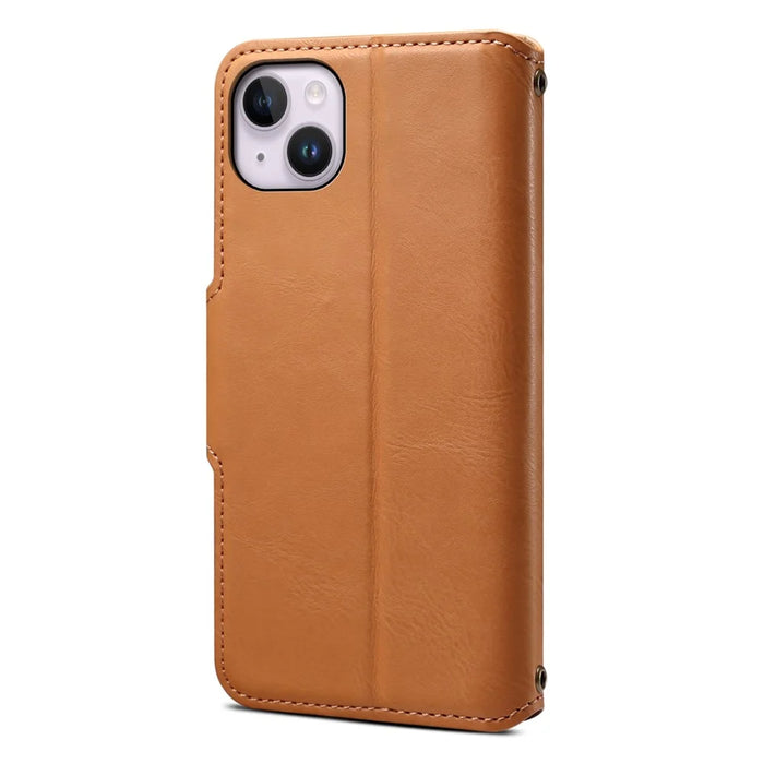 DENIOR For iPhone 15 Plus Leather Case Wallet Phone Cover Cowhide Texture - Khaki - 3