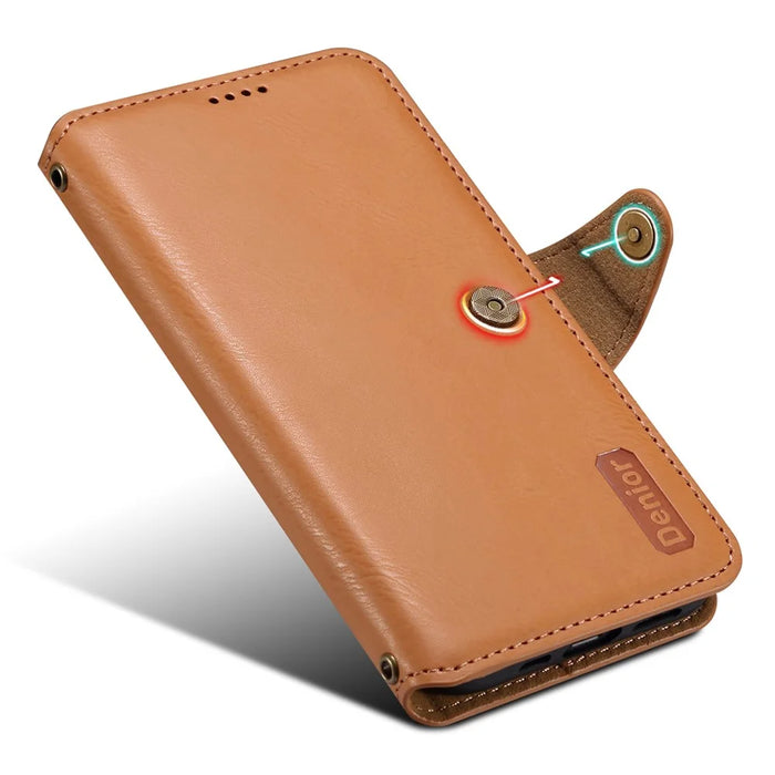 DENIOR For iPhone 15 Plus Leather Case Wallet Phone Cover Cowhide Texture - Khaki - 4