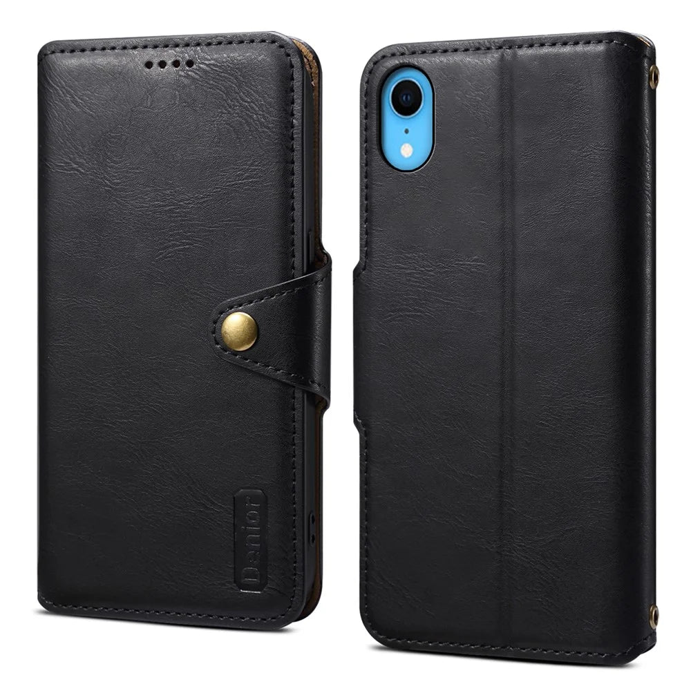 DENIOR For iPhone XR Case PU Leather Cowhide Texture Wallet Protective Phone Cover - Black - 1