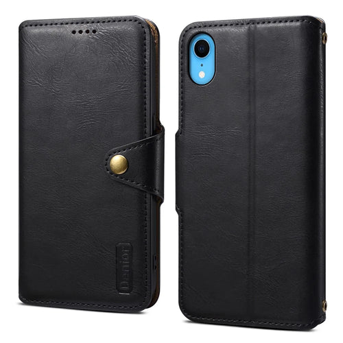 DENIOR For iPhone XR Case PU Leather Cowhide Texture Wallet Protective Phone Cover - Black - 1