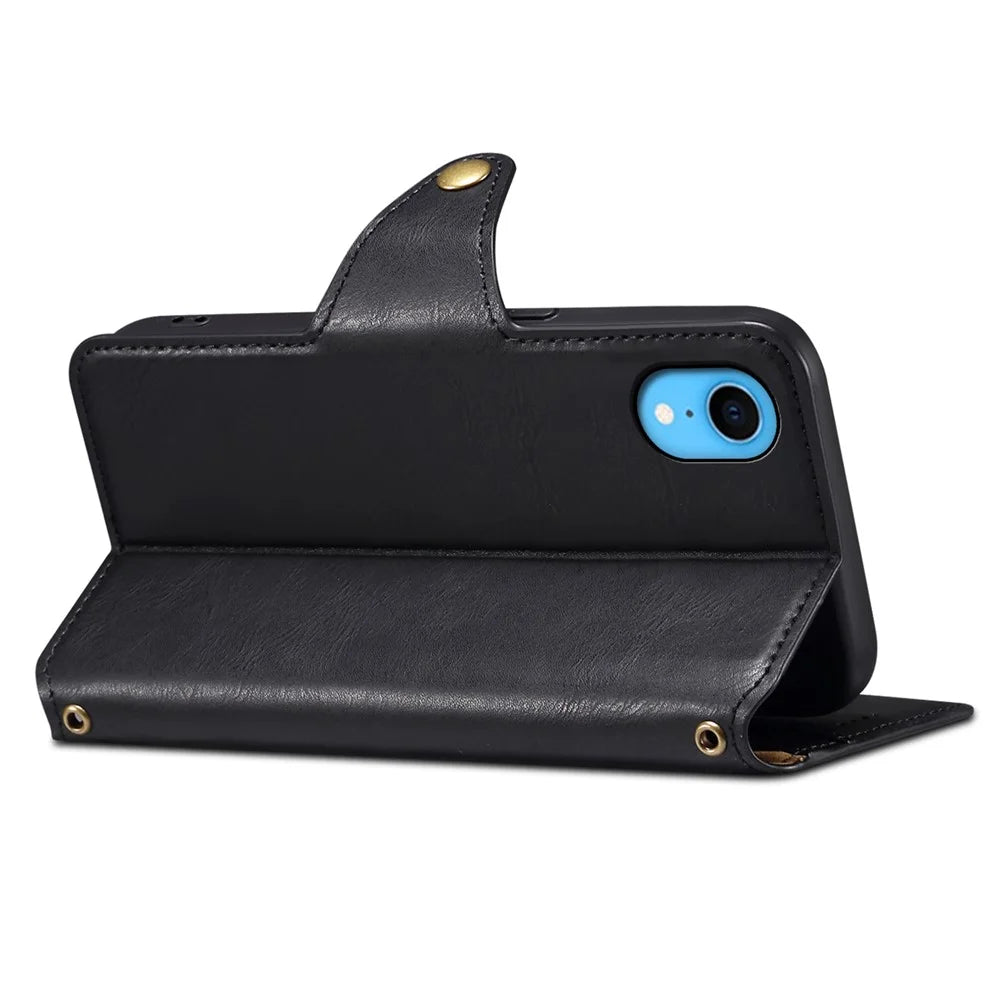 DENIOR For iPhone XR Case PU Leather Cowhide Texture Wallet Protective Phone Cover - Black - 2