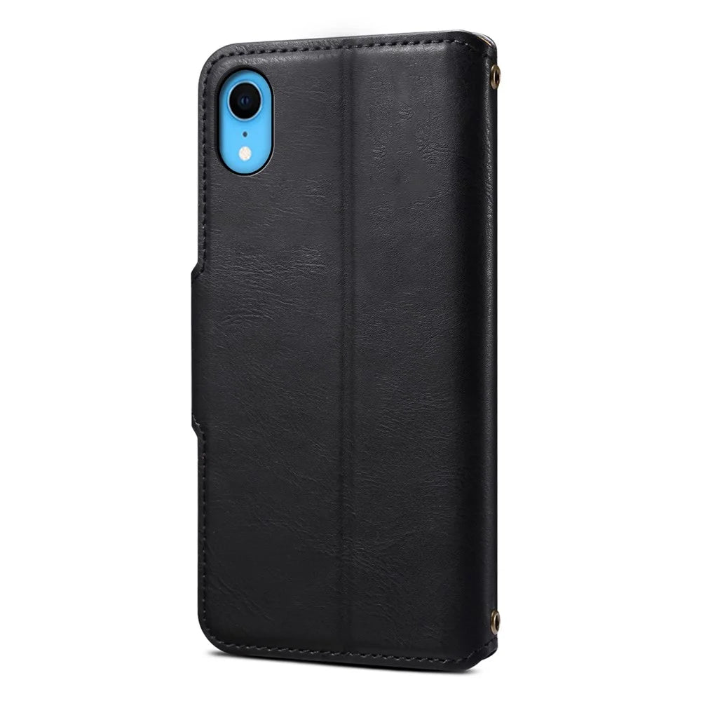 DENIOR For iPhone XR Case PU Leather Cowhide Texture Wallet Protective Phone Cover - Black - 3
