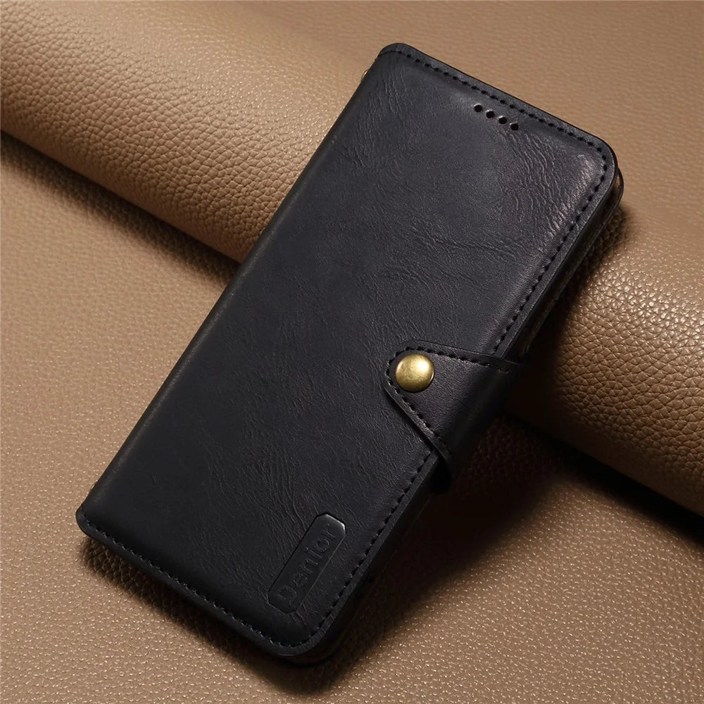 DENIOR For iPhone XR Case PU Leather Cowhide Texture Wallet Protective Phone Cover - Black - 7