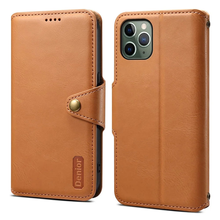 DENIOR For iPhone 11 Pro Case Cowhide Texture Wallet Anti-drop Leather Phone Cover - Khaki - 1