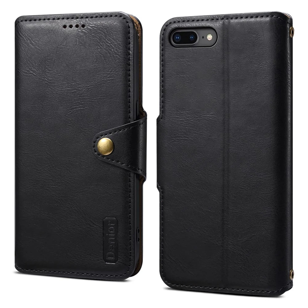 DENIOR For iPhone 7 Plus / 8 Plus Case Wallet Card Holder Cowhide Texture PU Leather Flip Cover - Black - 1
