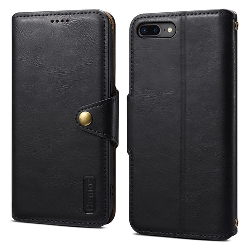 DENIOR For iPhone 7 Plus / 8 Plus Case Wallet Card Holder Cowhide Texture PU Leather Flip Cover - Black - 1