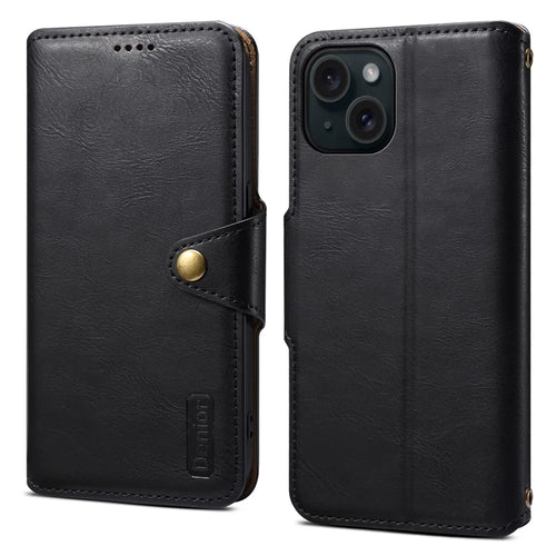 DENIOR For iPhone 15 Wallet Case Cowhide Texture PU Leather Phone Cover with Folding Stand - Black - 1
