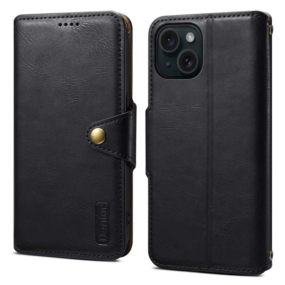 DENIOR For iPhone 15 Wallet Case Cowhide Texture PU Leather Phone Cover with Folding Stand - Black - 1