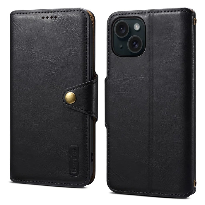 DENIOR For iPhone 15 Wallet Case Cowhide Texture PU Leather Phone Cover with Folding Stand - Black - 1