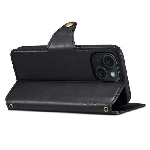 DENIOR For iPhone 15 Wallet Case Cowhide Texture PU Leather Phone Cover with Folding Stand - Black - 2