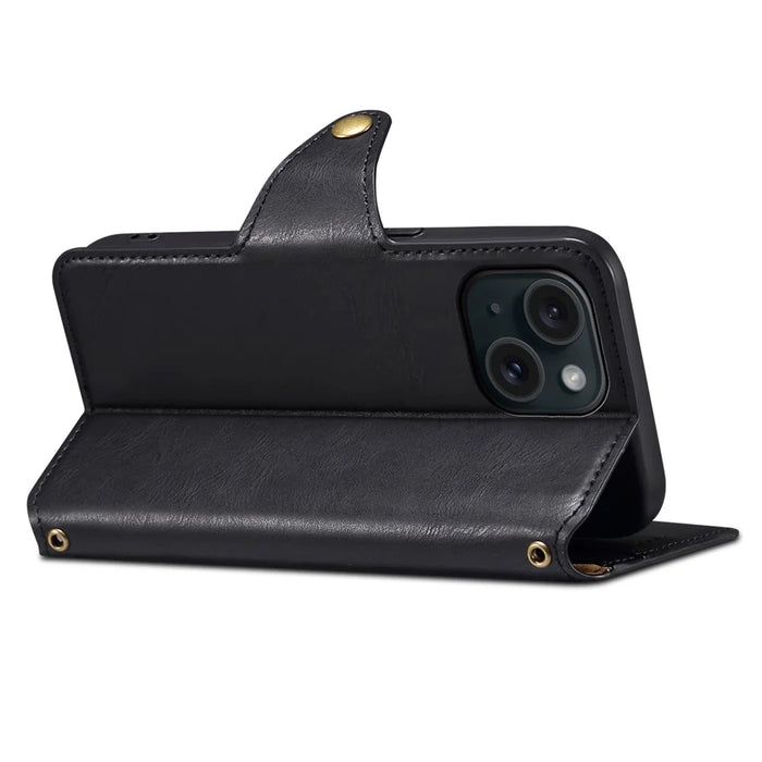 DENIOR For iPhone 15 Wallet Case Cowhide Texture PU Leather Phone Cover with Folding Stand - Black - 2