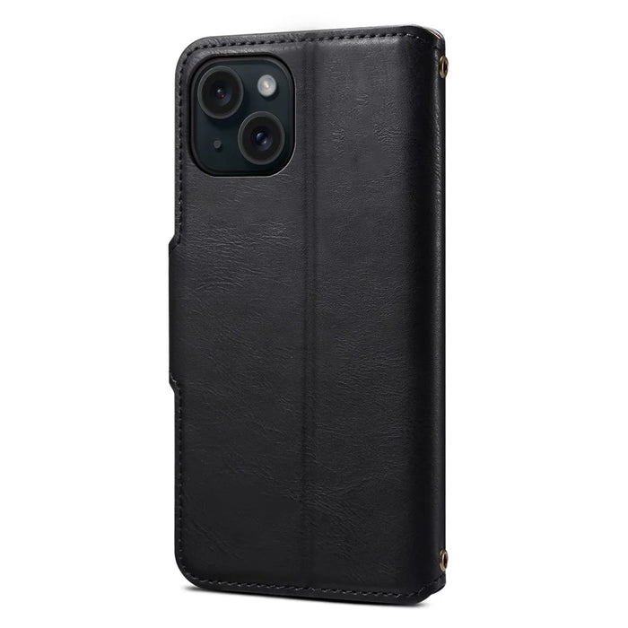 DENIOR For iPhone 15 Wallet Case Cowhide Texture PU Leather Phone Cover with Folding Stand - Black - 3