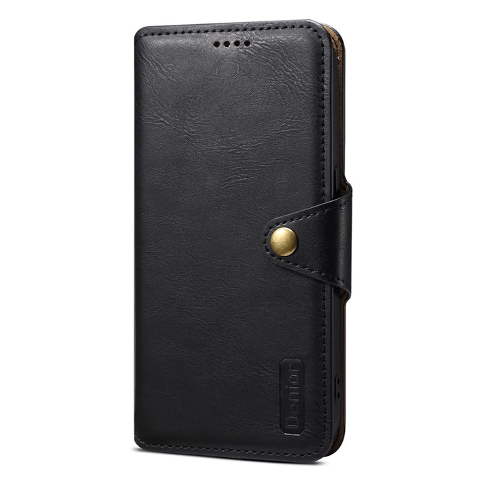 DENIOR For iPhone 15 Wallet Case Cowhide Texture PU Leather Phone Cover with Folding Stand - Black - 5