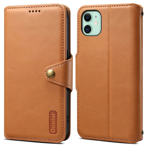 DENIOR For iPhone 11 Case Cowhide Texture Leather Bump Proof Phone Wallet Cover - Khaki - 1