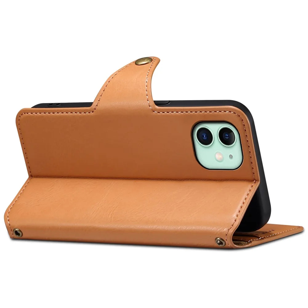 DENIOR For iPhone 11 Case Cowhide Texture Leather Bump Proof Phone Wallet Cover - Khaki - 3