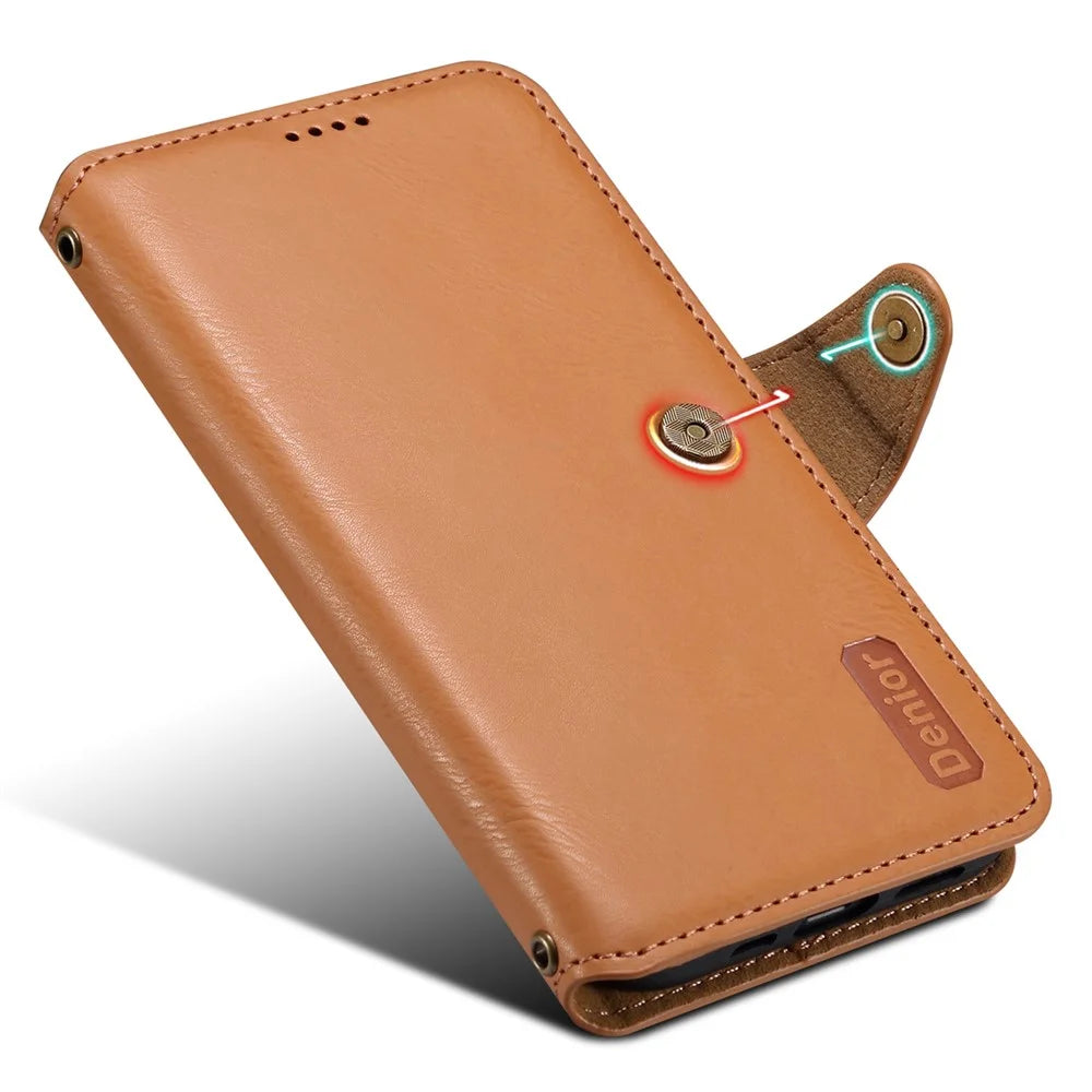 DENIOR For iPhone 11 Case Cowhide Texture Leather Bump Proof Phone Wallet Cover - Khaki - 4