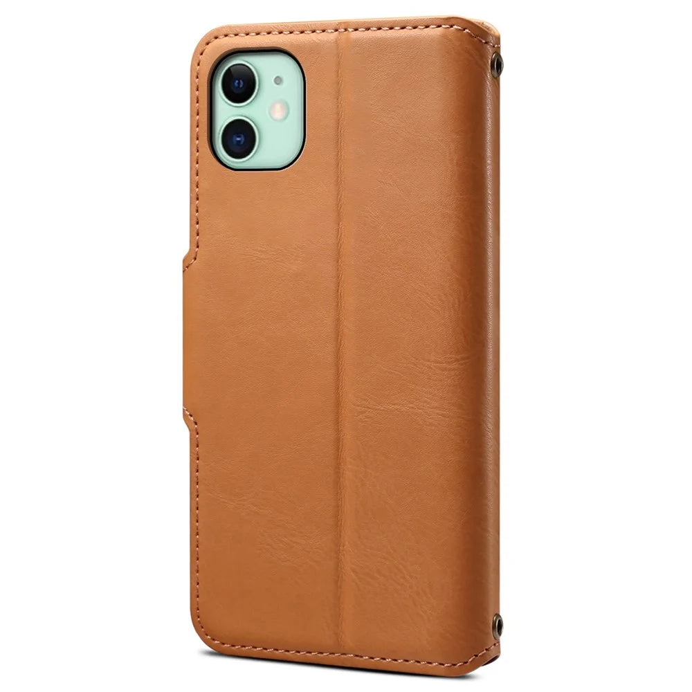 DENIOR For iPhone 11 Case Cowhide Texture Leather Bump Proof Phone Wallet Cover - Khaki - 7
