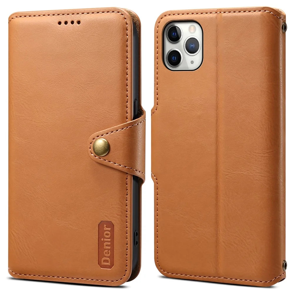 DENIOR For iPhone 11 Pro Max Leather Case Cowhide Texture Stand Cell Phone Cover - Khaki - 1