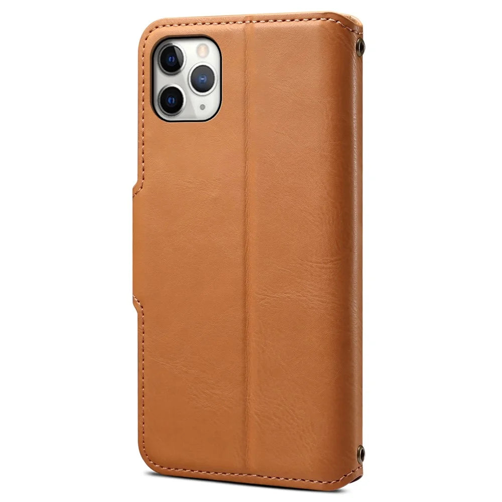 DENIOR For iPhone 11 Pro Max Leather Case Cowhide Texture Stand Cell Phone Cover - Khaki - 7