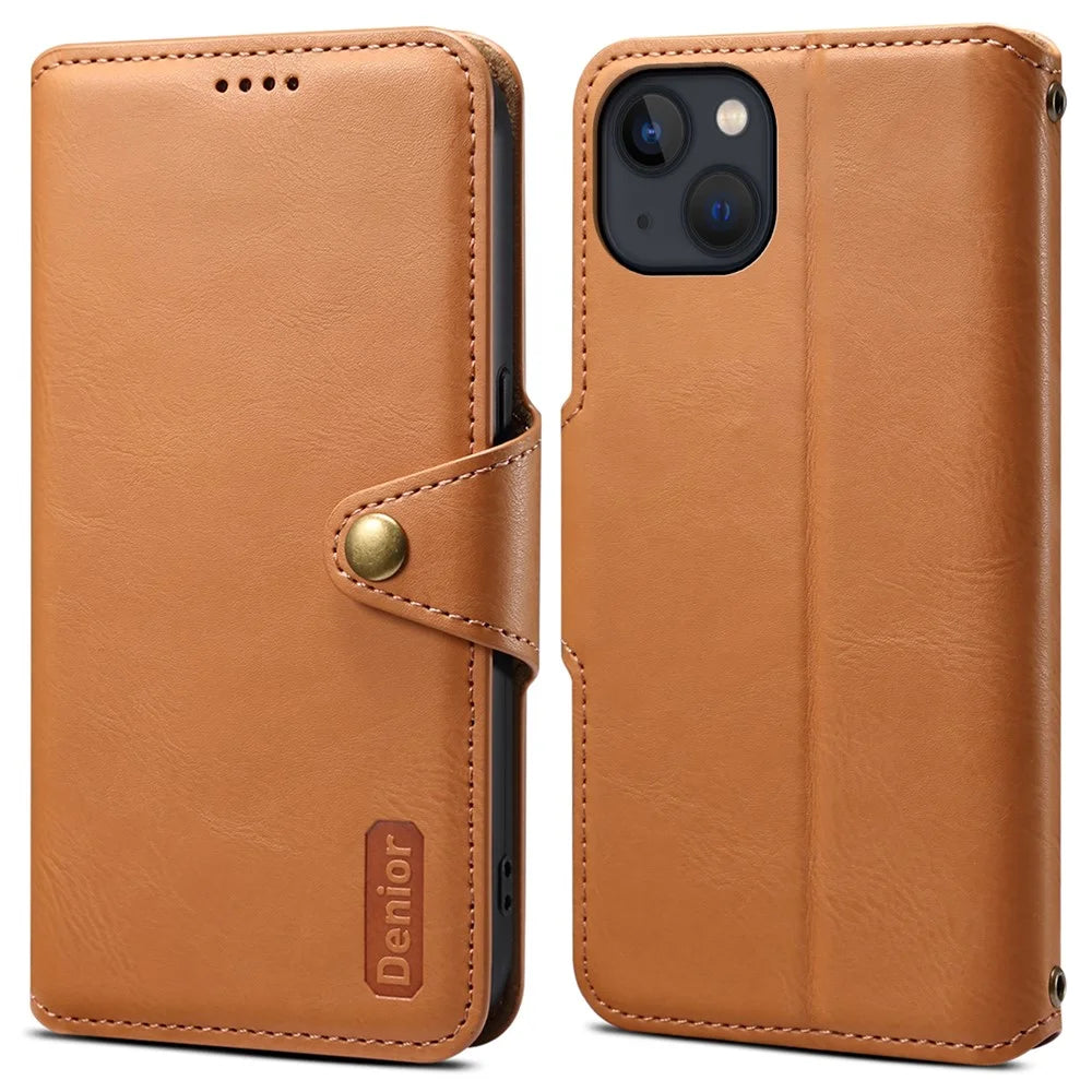 DENIOR For iPhone 13 6.1 inch Case Leather Drop-resistant Phone Cover with Magnetic Closure - Khaki - 1