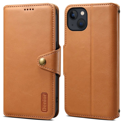 DENIOR For iPhone 13 6.1 inch Case Leather Drop-resistant Phone Cover with Magnetic Closure - Khaki - 1