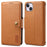 DENIOR For iPhone 14 Plus Shockproof Case Cowhide Texture Stand Mobile Phone Cover - Khaki - 1