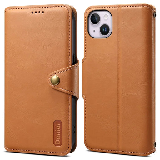 DENIOR For iPhone 14 Plus Shockproof Case Cowhide Texture Stand Mobile Phone Cover - Khaki - 1