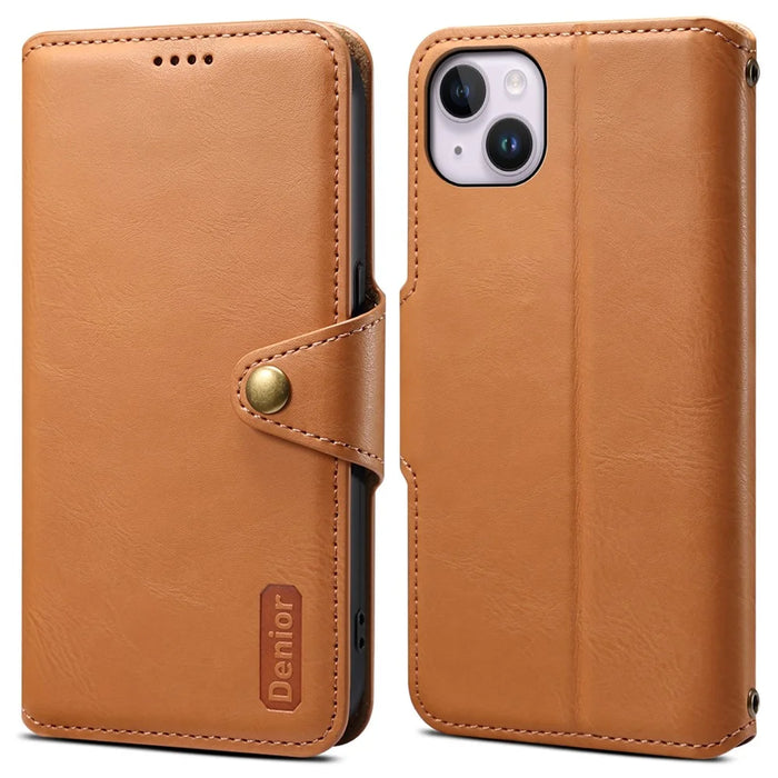 DENIOR For iPhone 14 Plus Shockproof Case Cowhide Texture Stand Mobile Phone Cover - Khaki - 1