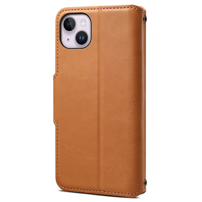 DENIOR For iPhone 14 Plus Shockproof Case Cowhide Texture Stand Mobile Phone Cover - Khaki - 7