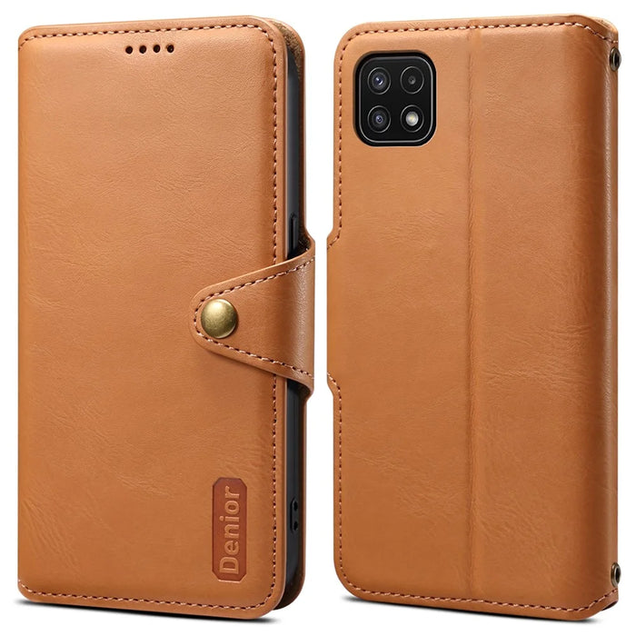 DENIOR For Samsung Galaxy A22 5G (EU Version) Wallet Case Stand Leather Phone Cover - Khaki - 1
