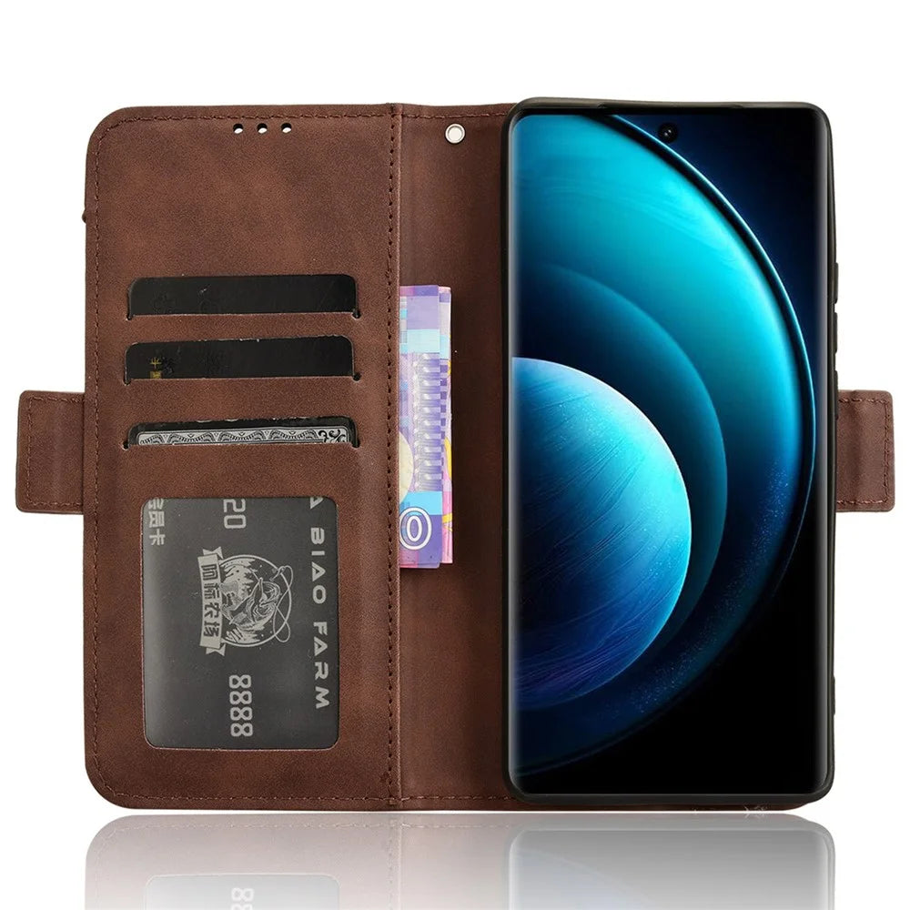 For vivo X100 Pro 5G Case Wallet Leather Phone Cover with Multiple Card Slots - Brown - 2
