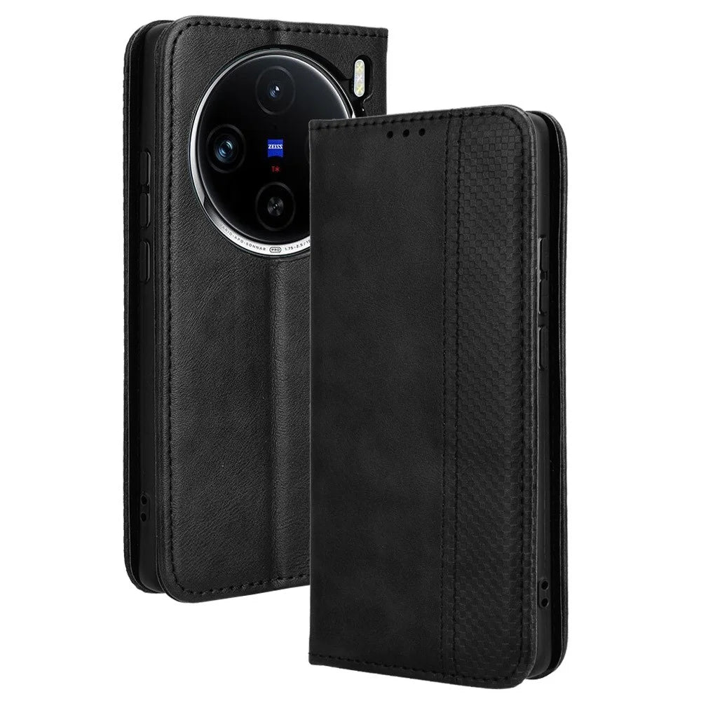 For vivo X100 Pro 5G Case Flip Wallet Retro Leather Flip Phone Cover Magnetic Closure - Black - 1