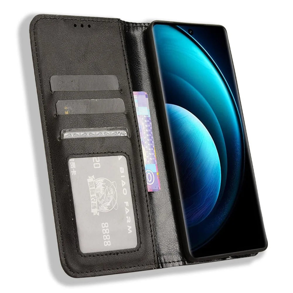 For vivo X100 Pro 5G Case Flip Wallet Retro Leather Flip Phone Cover Magnetic Closure - Black - 2