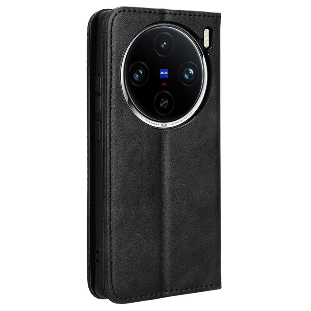 For vivo X100 Pro 5G Case Flip Wallet Retro Leather Flip Phone Cover Magnetic Closure - Black - 7