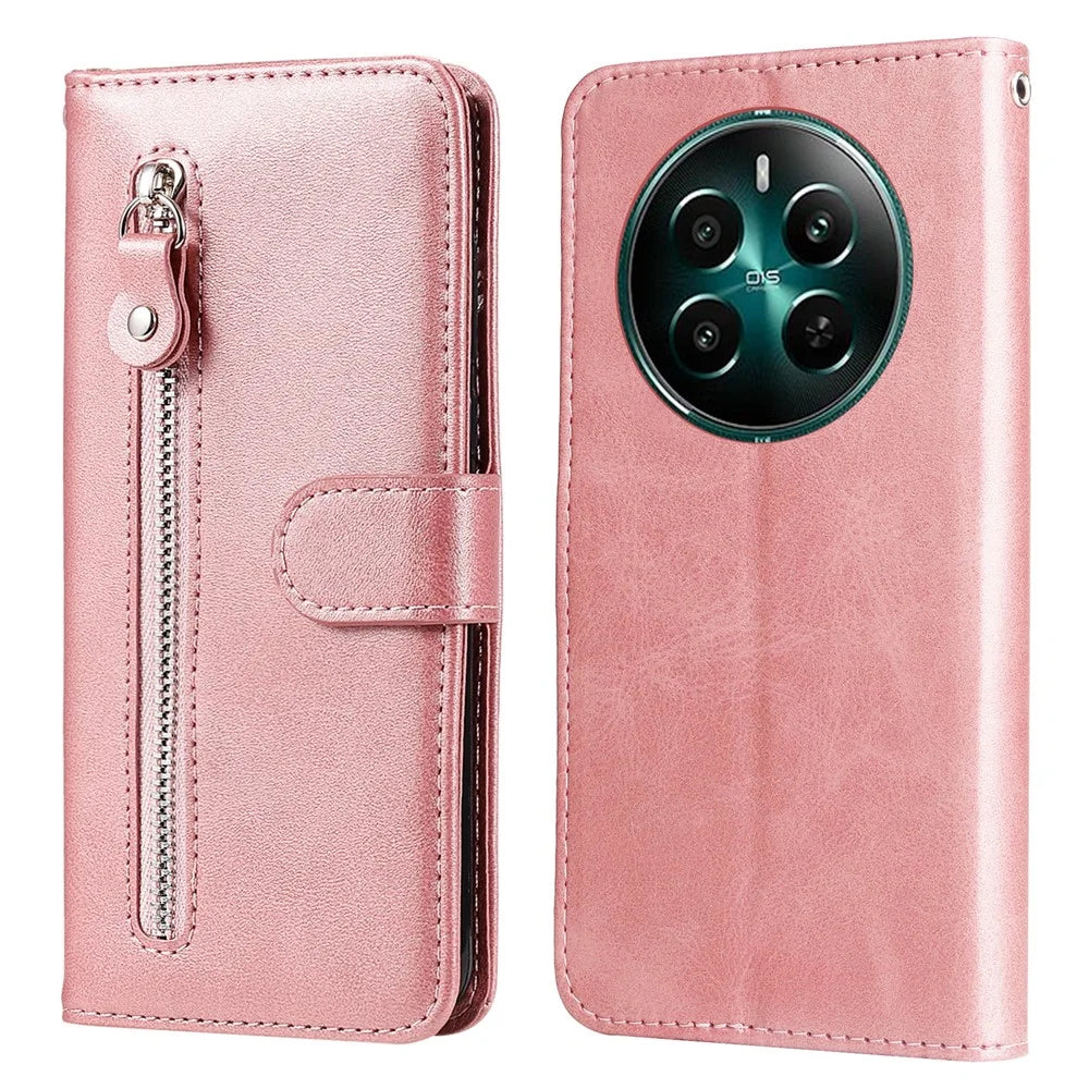 For Realme 12 4G / 12+ 5G Case 3 Card Holder Slots Zipper Pocket Leather Phone Cover - Pink - 1