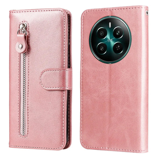 For Realme 12 4G / 12+ 5G Case 3 Card Holder Slots Zipper Pocket Leather Phone Cover - Pink - 1