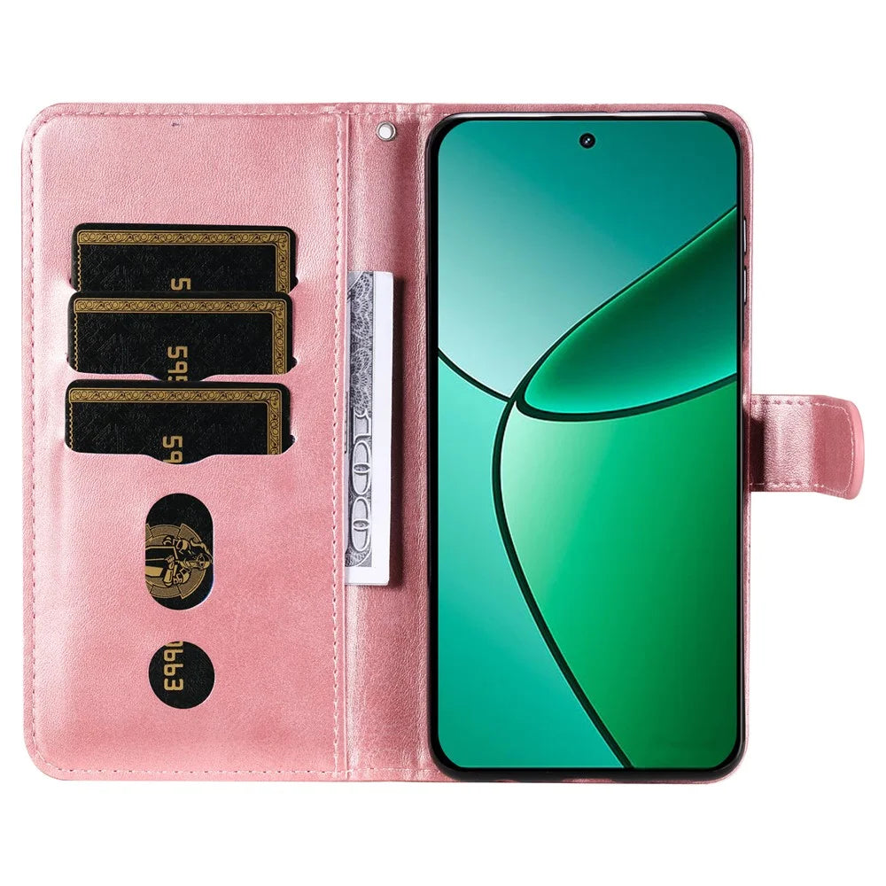 For Realme 12 4G / 12+ 5G Case 3 Card Holder Slots Zipper Pocket Leather Phone Cover - Pink - 2