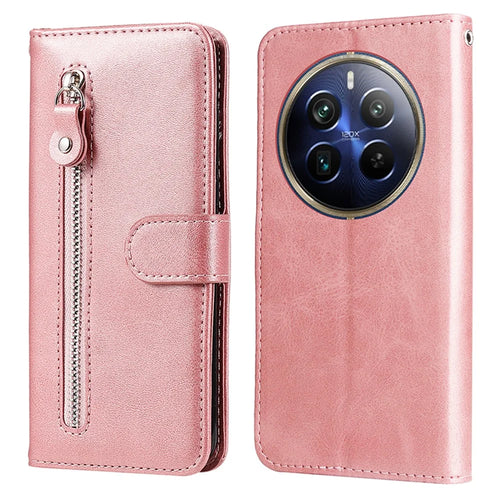 For Realme 12 Pro 5G / 12 Pro+ 5G Phone Case Zipper Pocket Flip Shockproof Leather Cover - Pink - 1