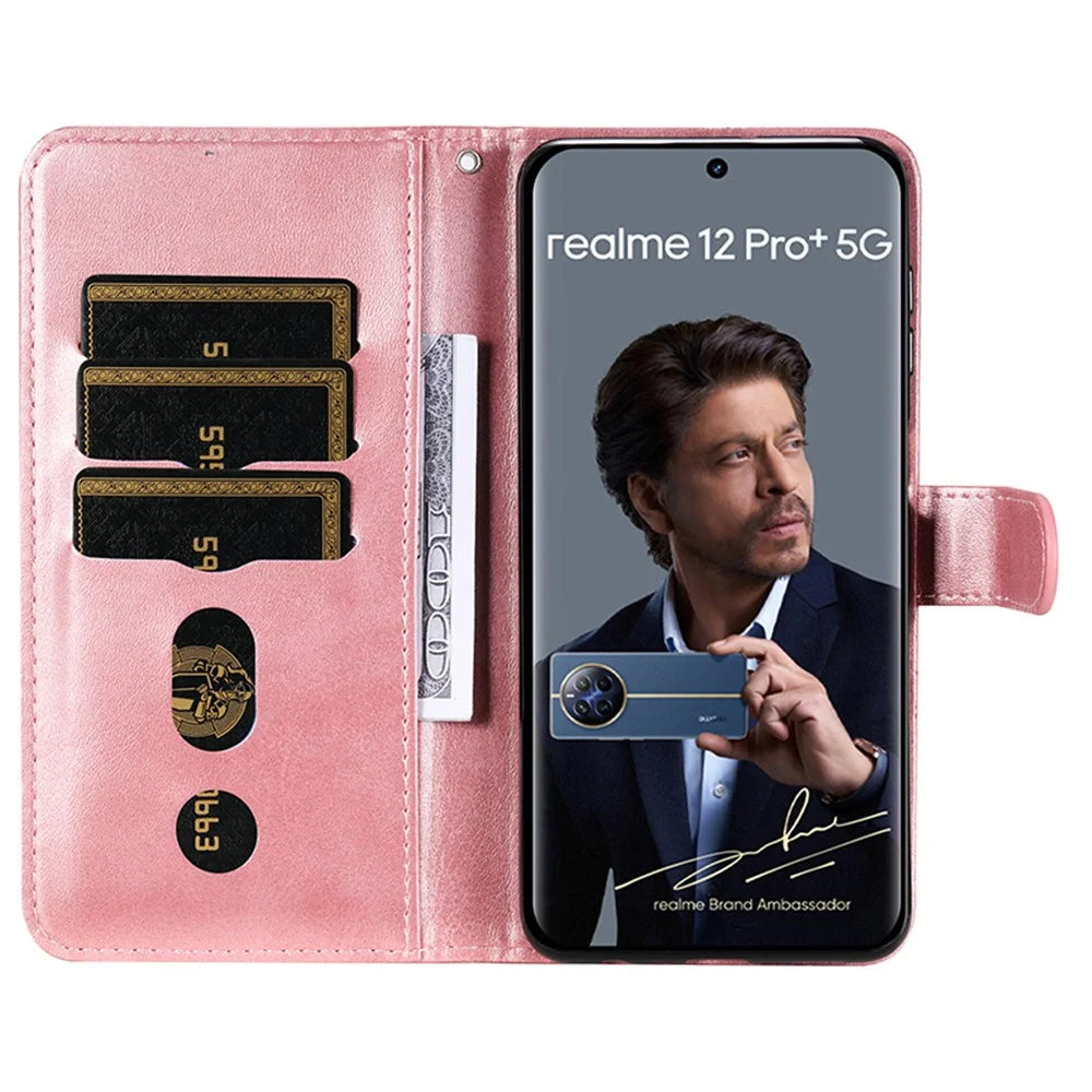 For Realme 12 Pro 5G / 12 Pro+ 5G Phone Case Zipper Pocket Flip Shockproof Leather Cover - Pink - 2