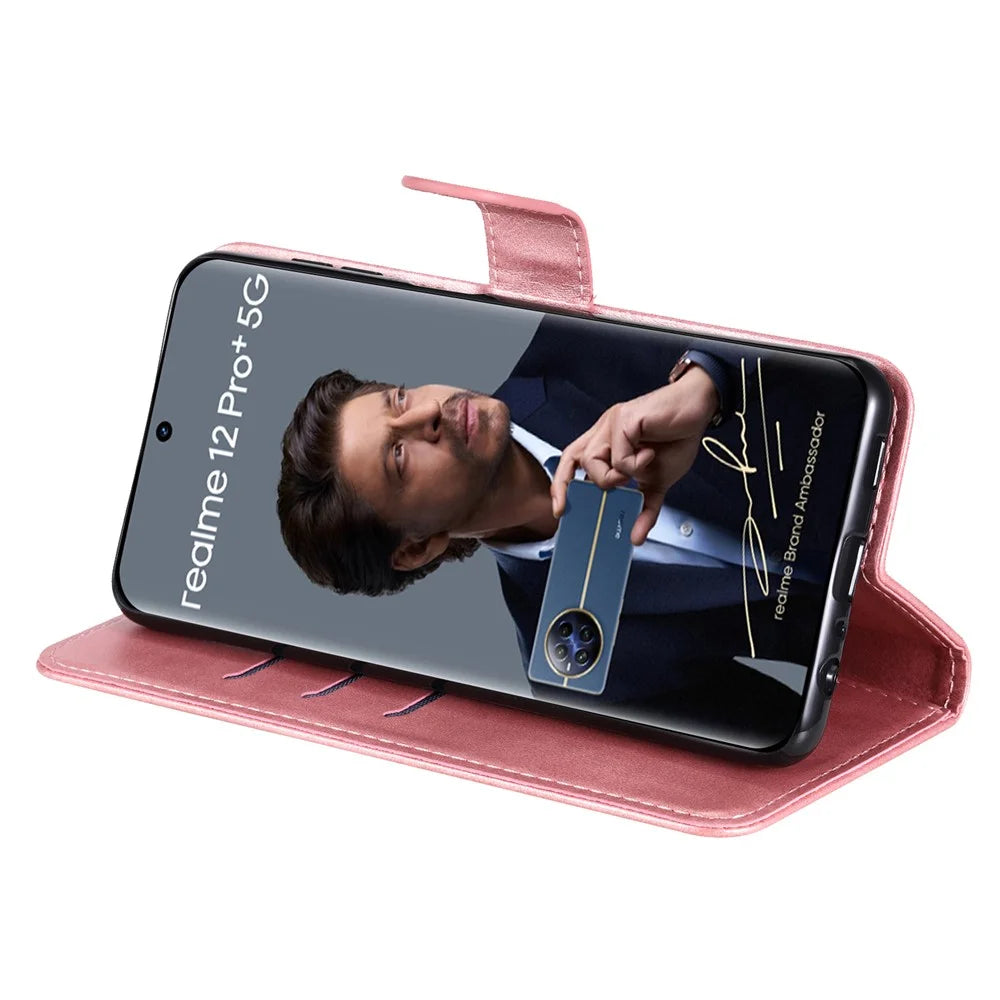 For Realme 12 Pro 5G / 12 Pro+ 5G Phone Case Zipper Pocket Flip Shockproof Leather Cover - Pink - 4