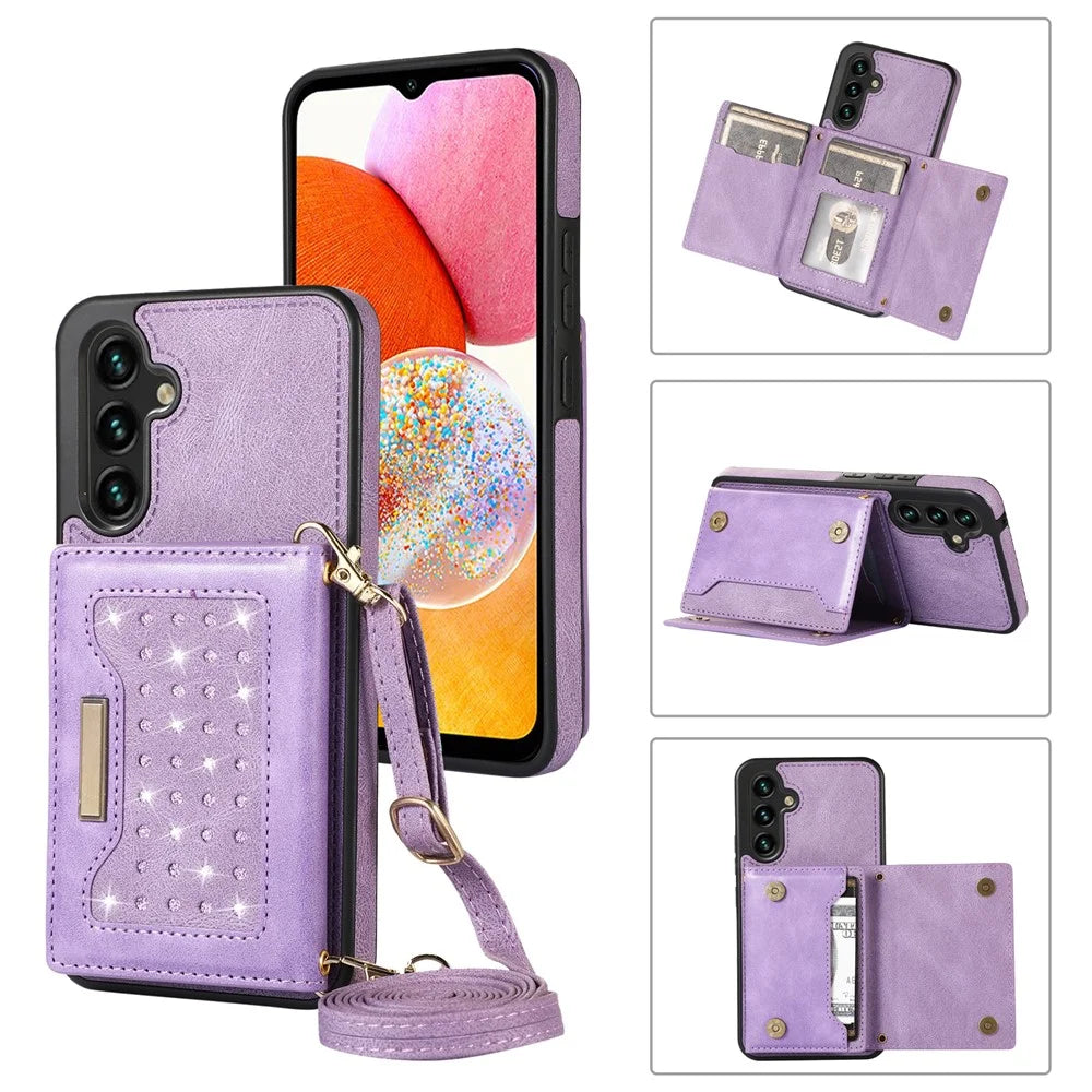 For Samsung Galaxy A14 5G / 4G Case RFID Blocking Wallet Leather Coated TPU Phone Cover - Purple - 1